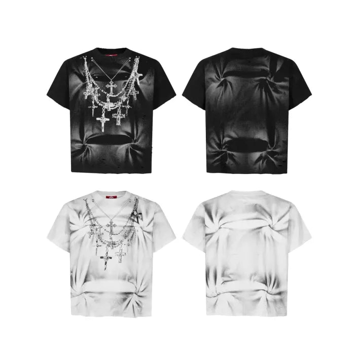 BOXY T-SHIRT “CHAIN ILLUSION” – HAND-DYED / DISTRESSED / METAL ACCESSORY