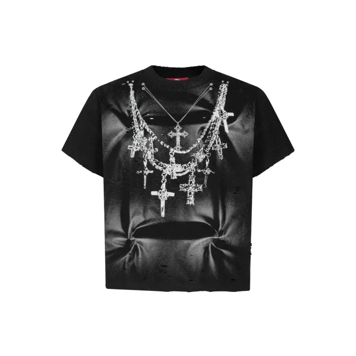 BOXY T-SHIRT “CHAIN ILLUSION” – HAND-DYED / DISTRESSED / METAL ACCESSORY