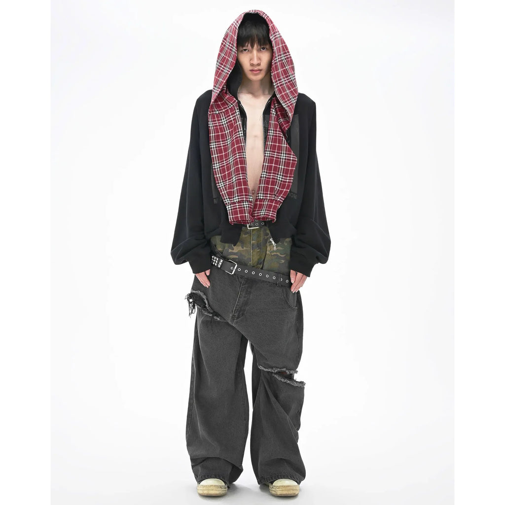 MBI | CHECKERED SCARF ZIP HOODIE - Faded Black