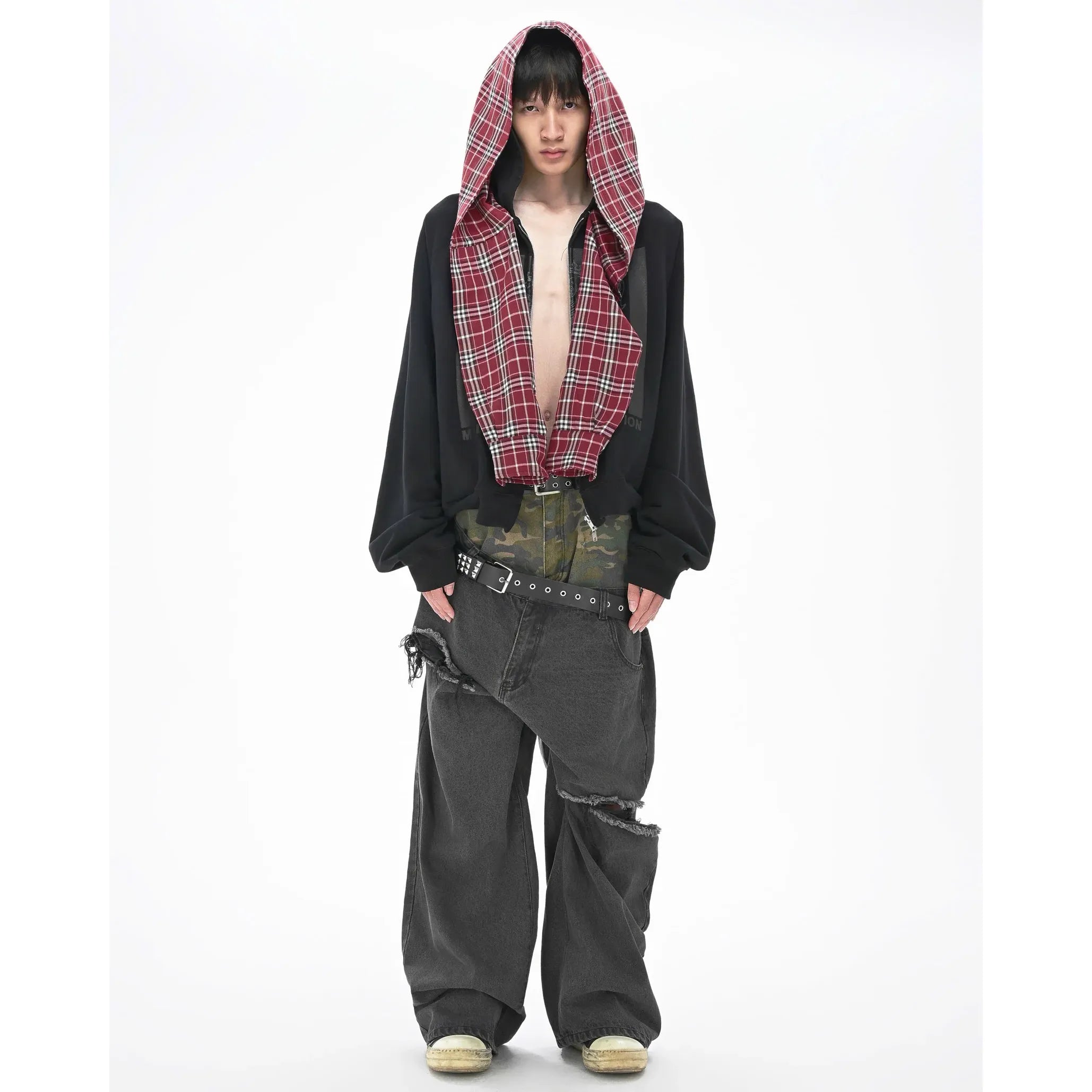 MBI | CHECKERED SCARF ZIP HOODIE - Faded Black