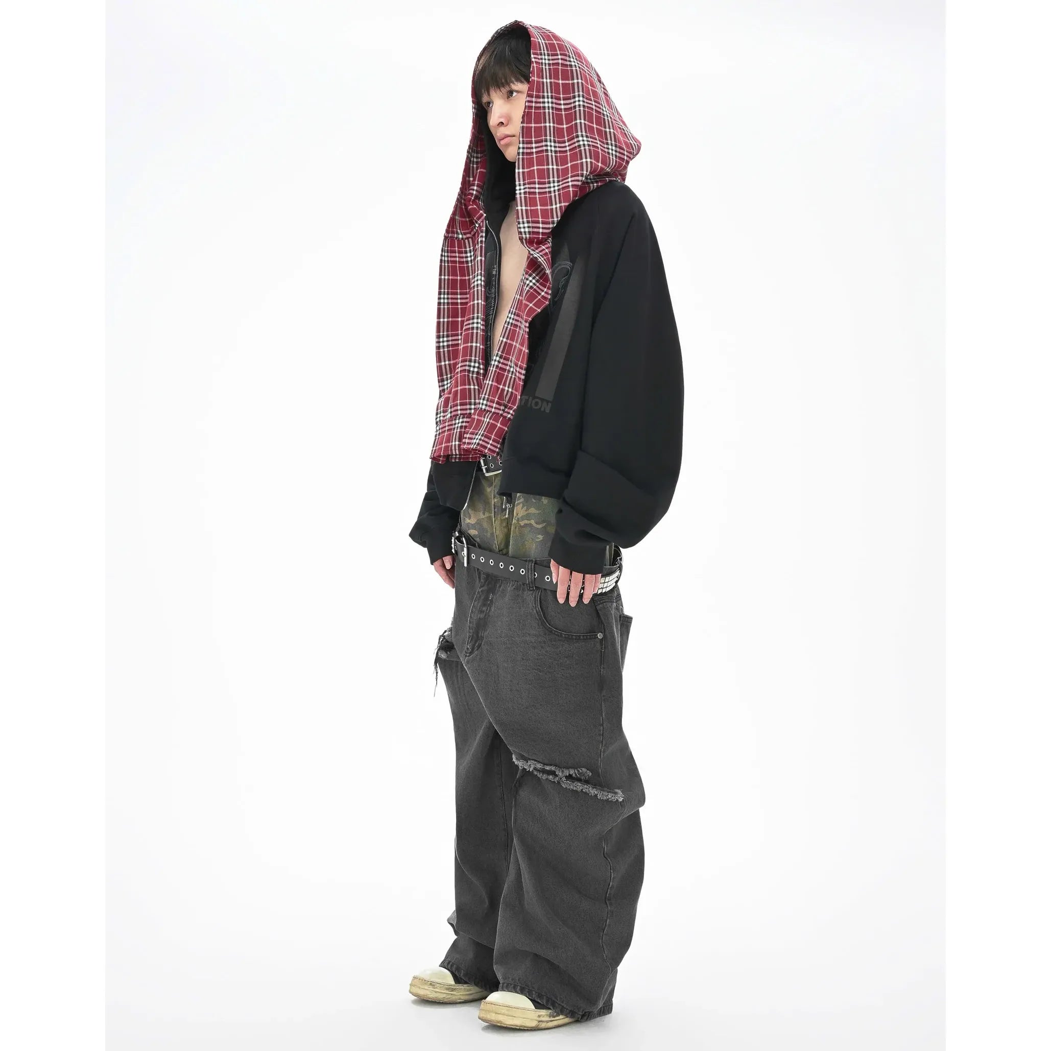 MBI | CHECKERED SCARF ZIP HOODIE - Faded Black