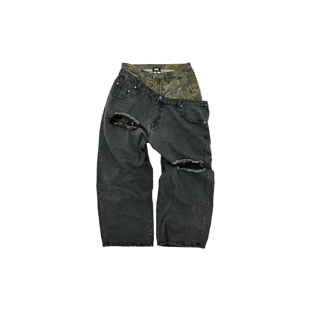 MBI | DOUBLE WAISTED SAGGY PANTS - FADED BLACK & GREEN CAMO