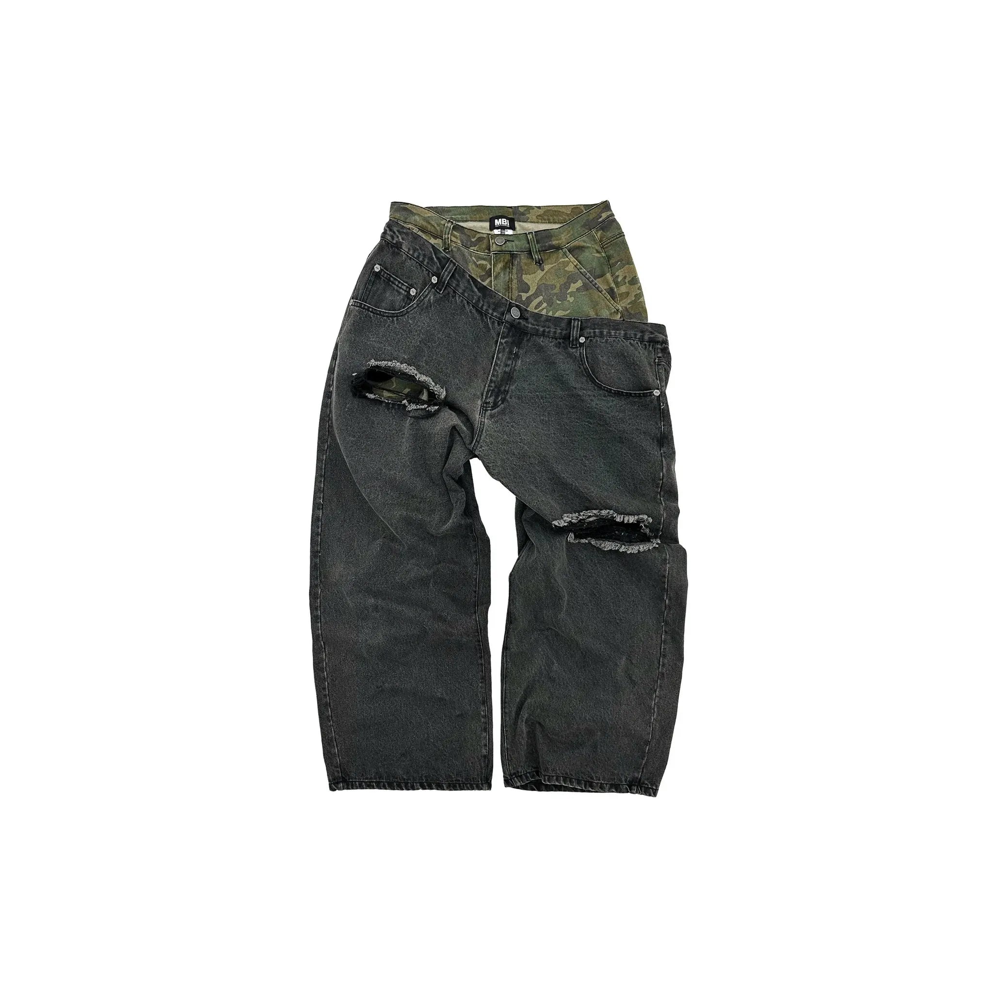 MBI | DOUBLE WAISTED SAGGY PANTS - FADED BLACK & GREEN CAMO