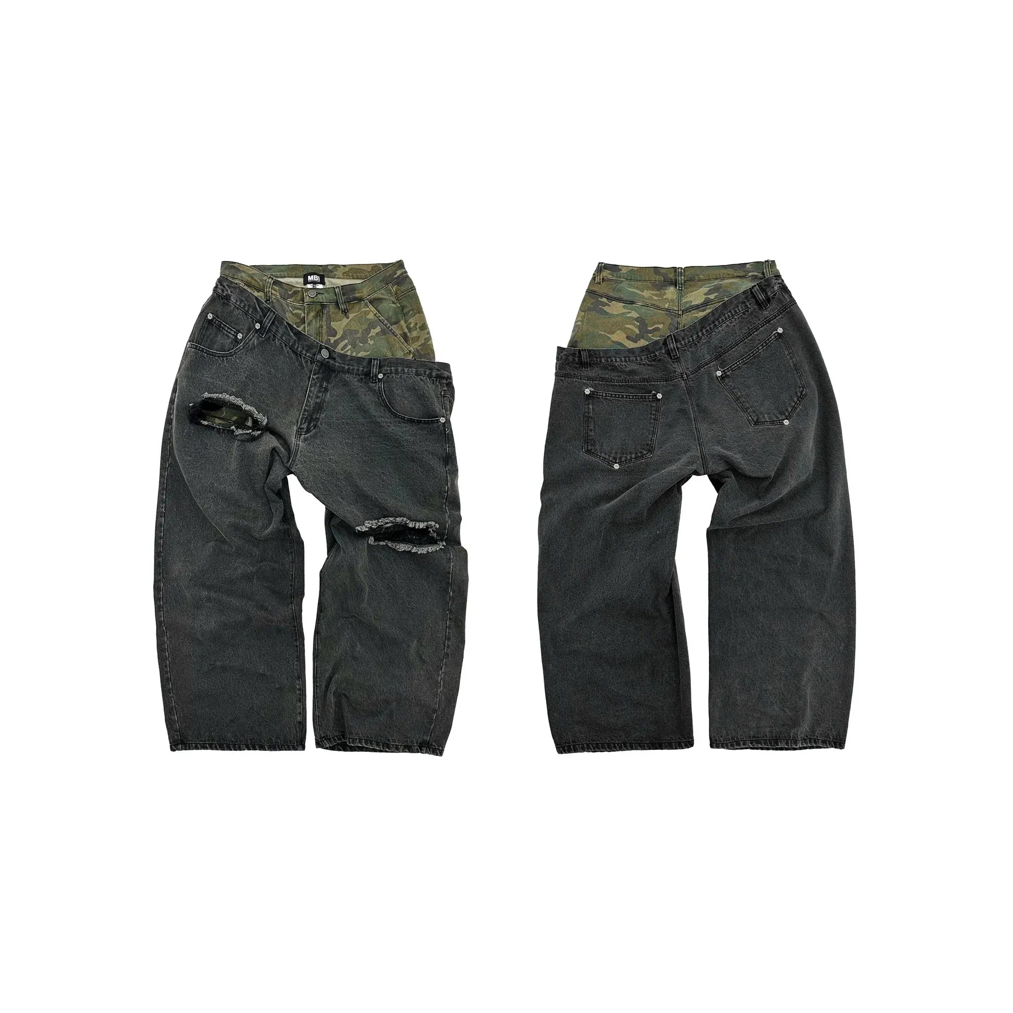 MBI | DOUBLE WAISTED SAGGY PANTS - FADED BLACK & GREEN CAMO