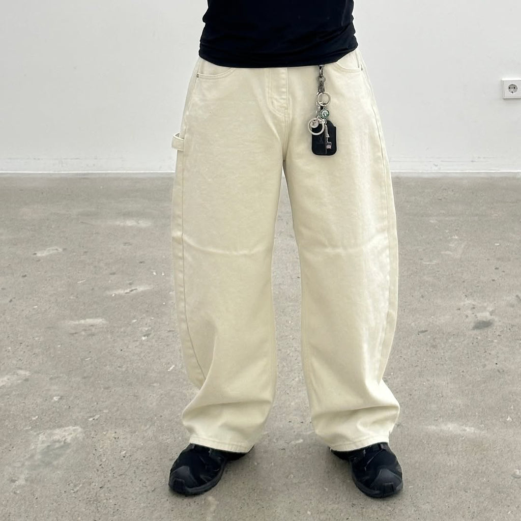 Curved Cotton Wide Pants - Ivory
