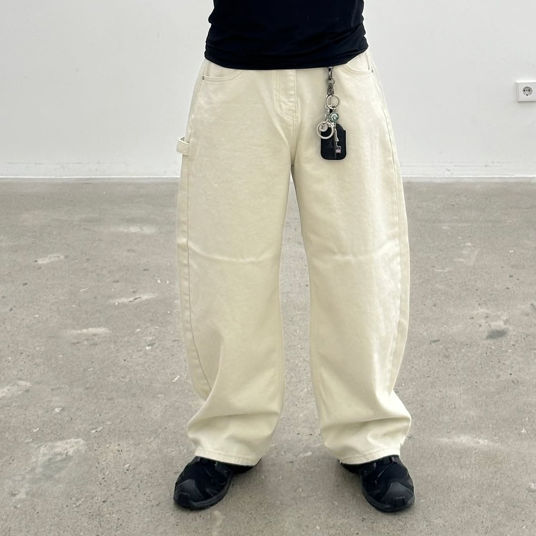 Curved Cotton Wide Pants - Ivory