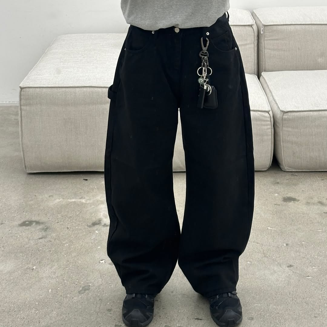 Curved Cotton Wide Pants - Black