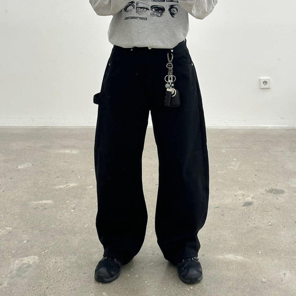 Curved Cotton Wide Pants - Black