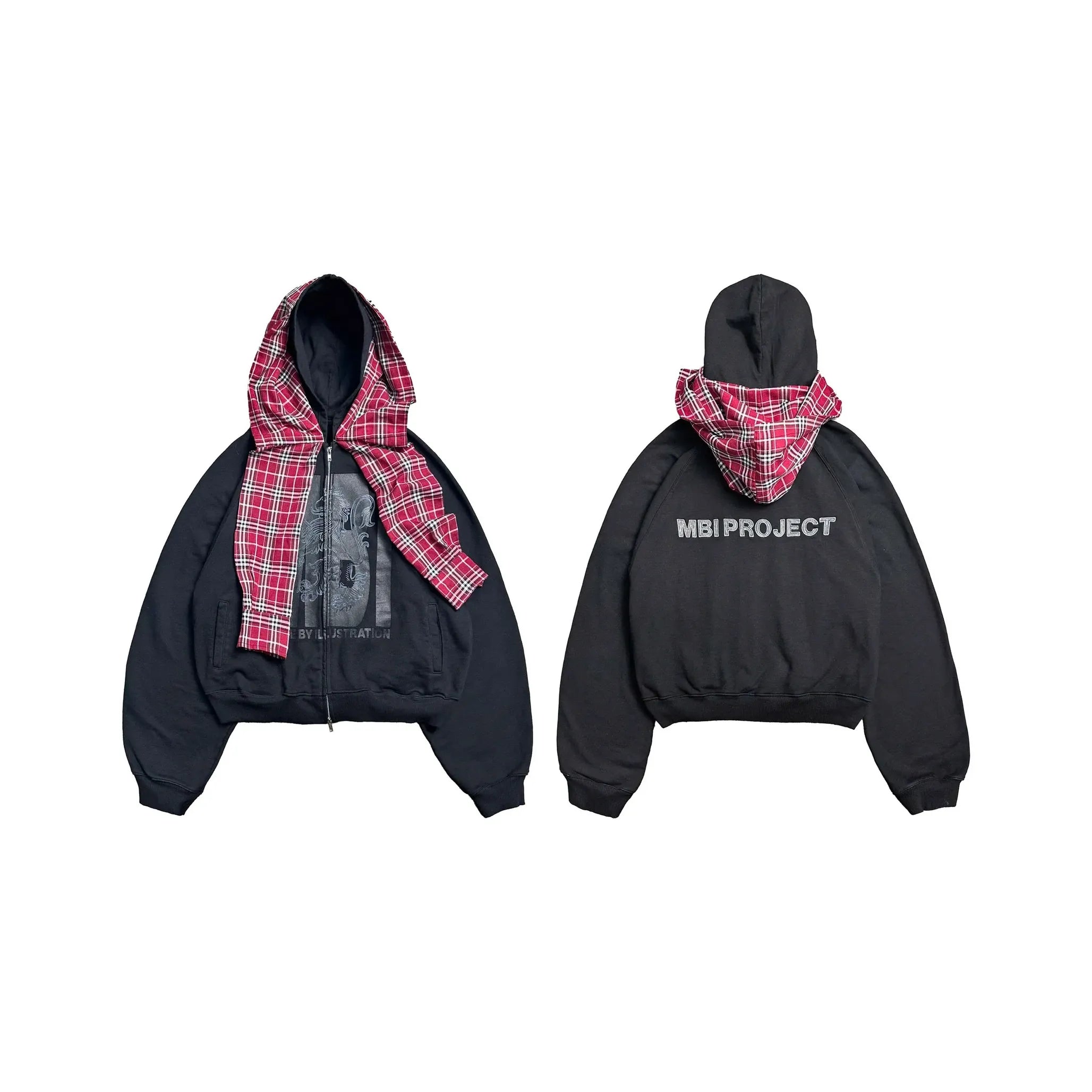 MBI | CHECKERED SCARF ZIP HOODIE - Faded Black