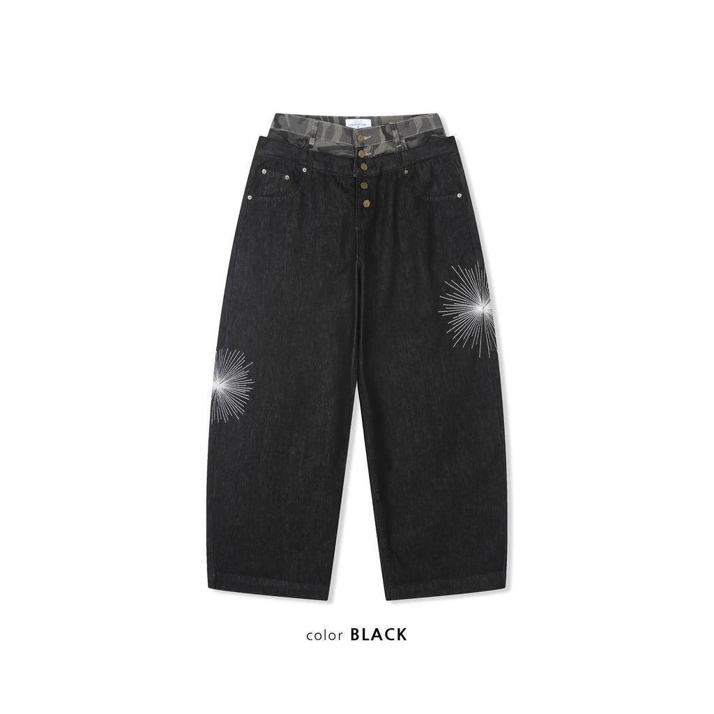 Deep Indigo Camo Sagging Denim Pants - Black Denim / Medium Blue