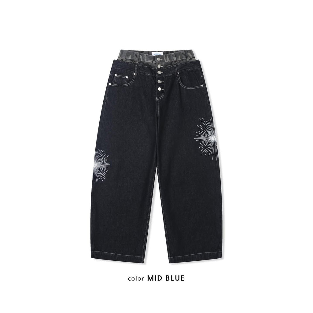 Deep Indigo Camo Sagging Denim Pants - Black Denim / Medium Blue