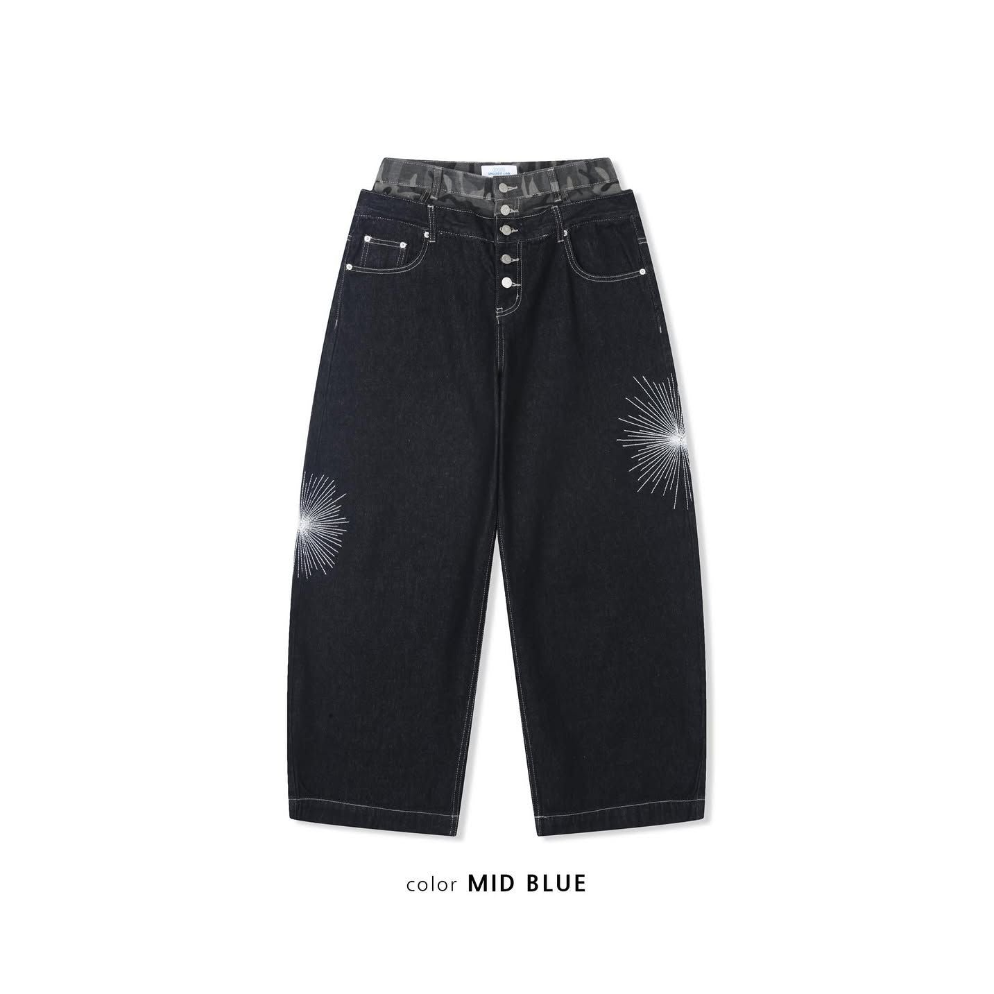 Deep Indigo Camo Sagging Denim Pants - Black Denim / Medium Blue