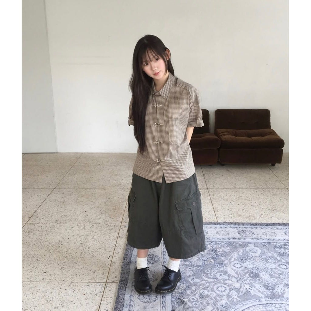 Fireman Crop Check Half Shirt - Beige / Black