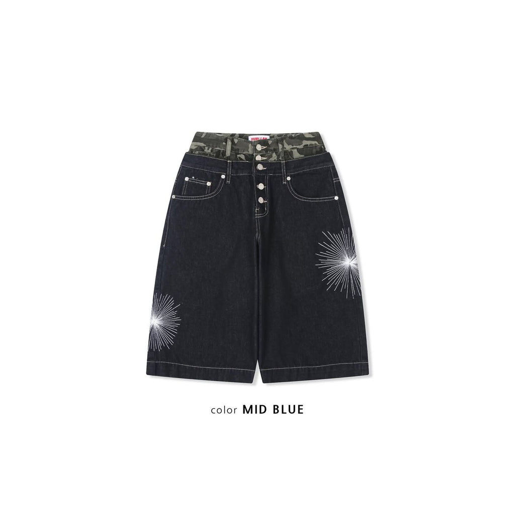 Camo Sagging Bermuda Pants - Mid Blue / Black