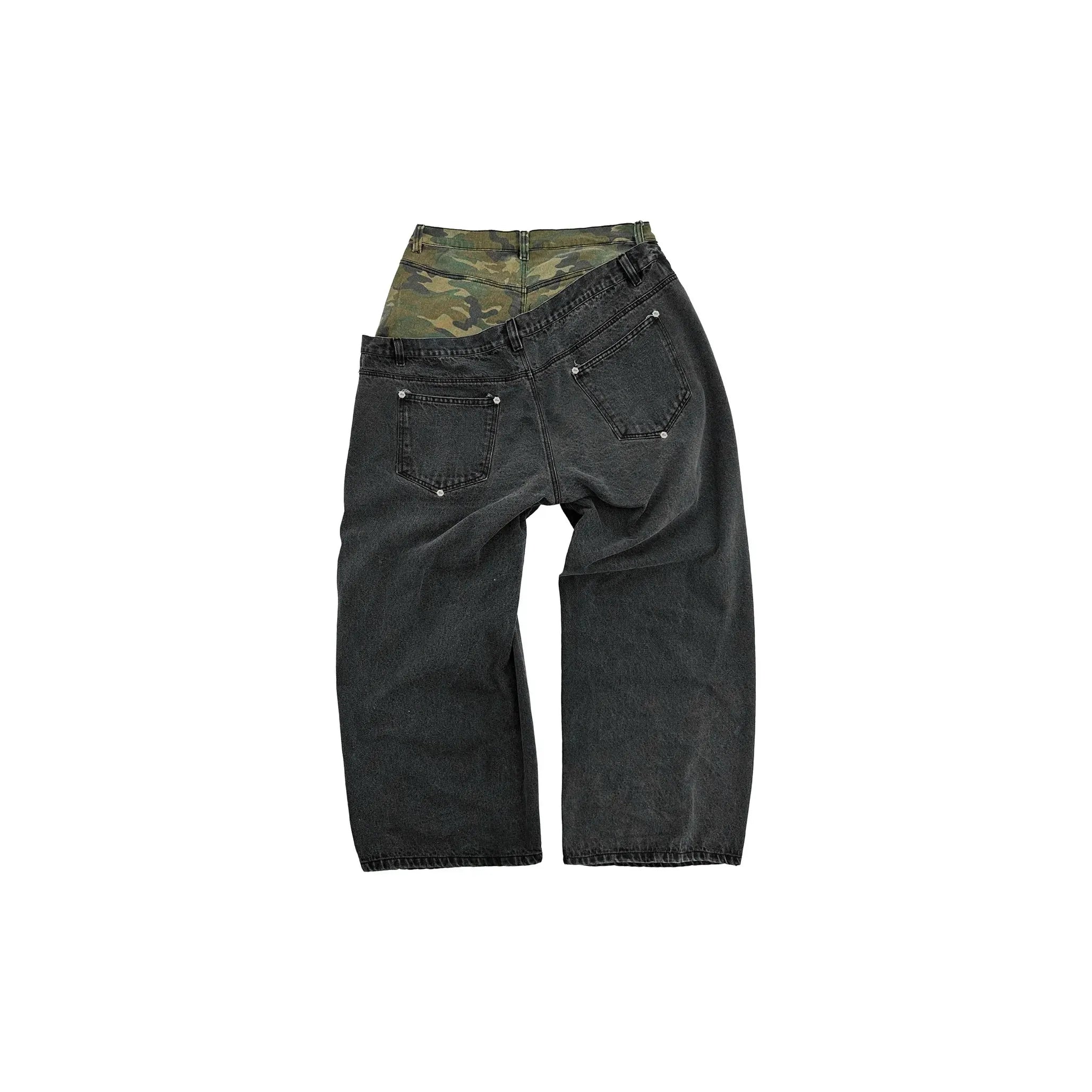 MBI | DOUBLE WAISTED SAGGY PANTS - FADED BLACK & GREEN CAMO