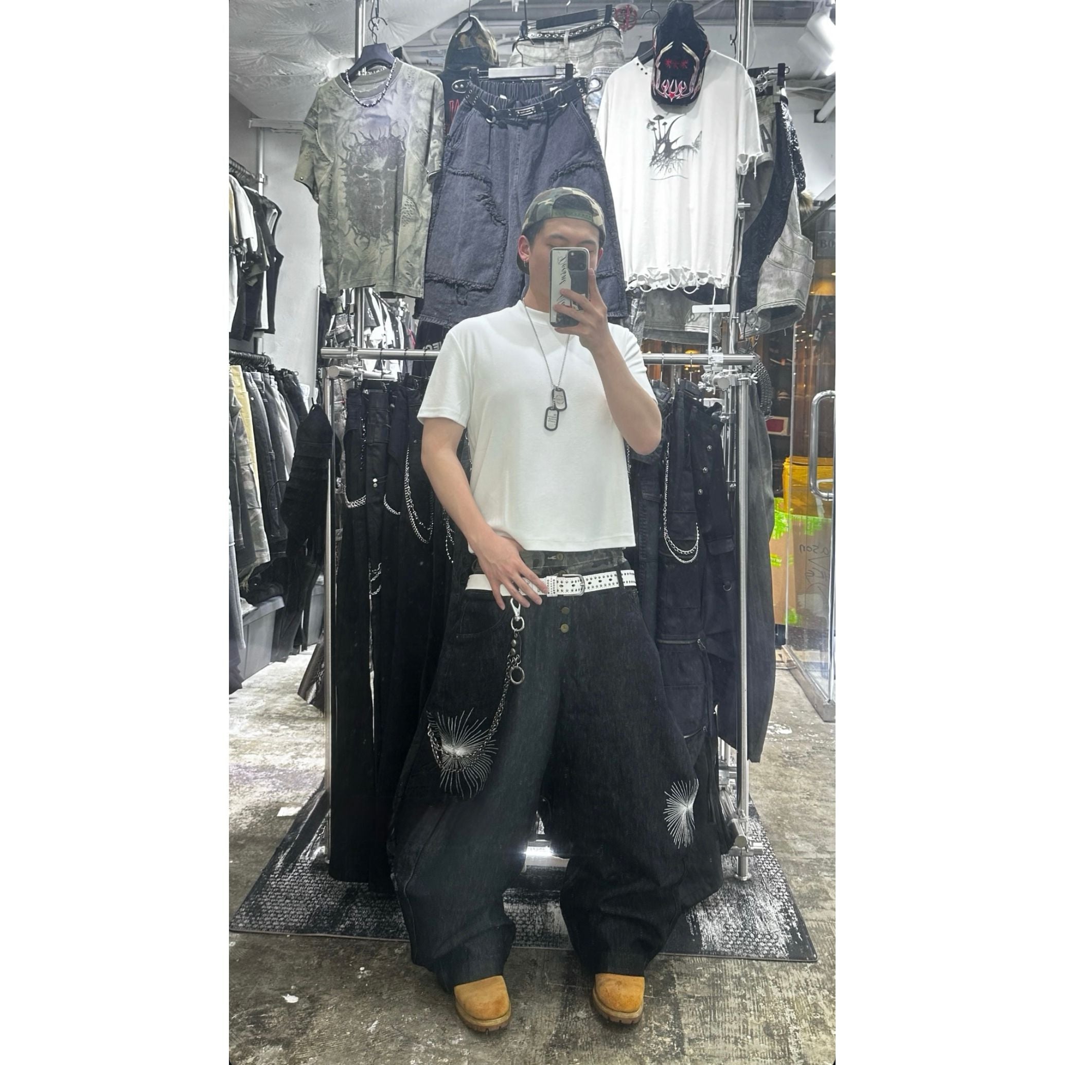 Deep Indigo Camo Sagging Denim Pants - Black Denim / Medium Blue
