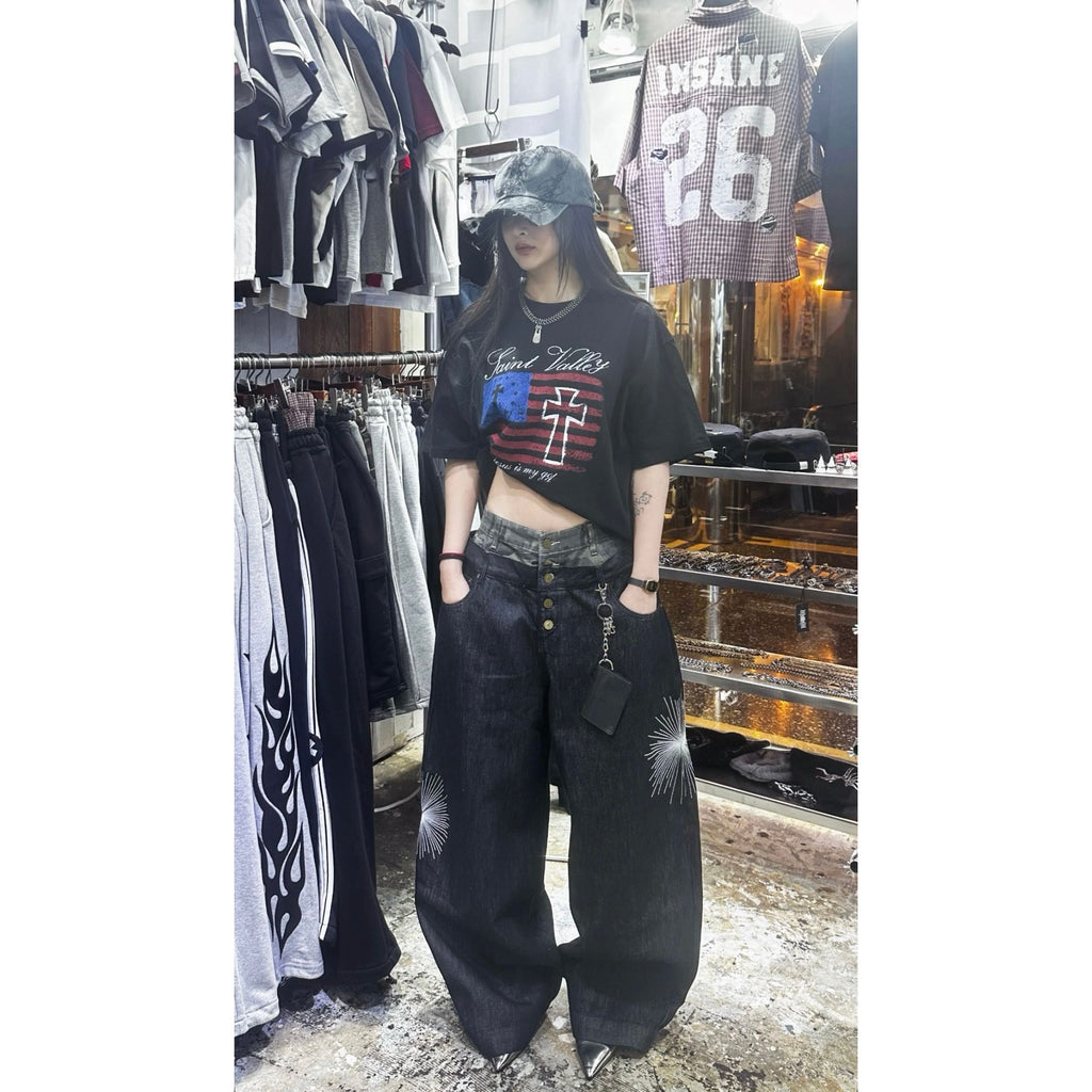 Deep Indigo Camo Sagging Denim Pants - Black Denim / Medium Blue