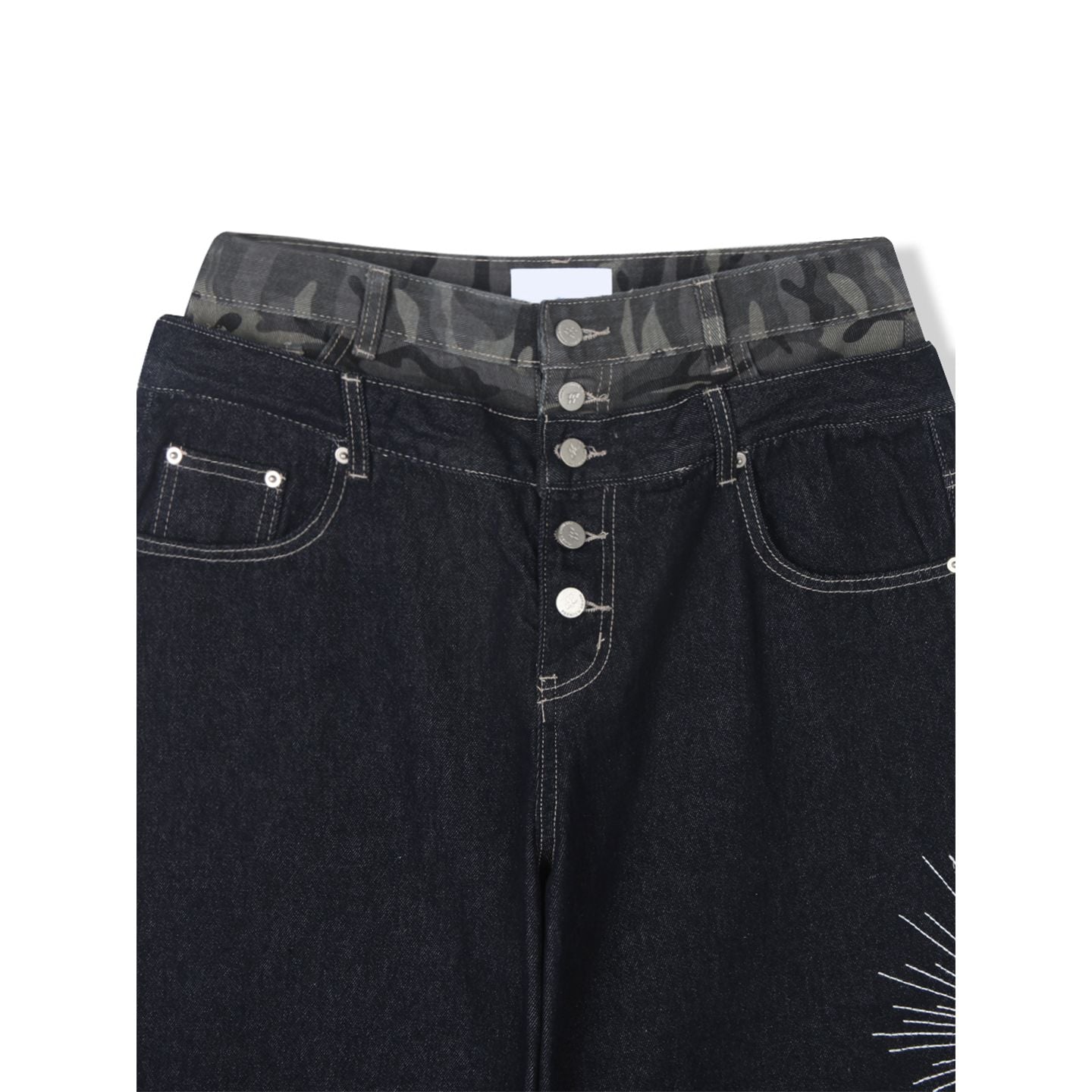 Deep Indigo Camo Sagging Denim Pants - Black Denim / Medium Blue